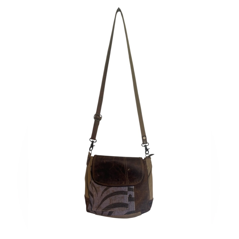 Myra Bag Crossbody Messenger Distressed Leather & Canvas Shoulder Handbag Purse - Picture 4 of 15